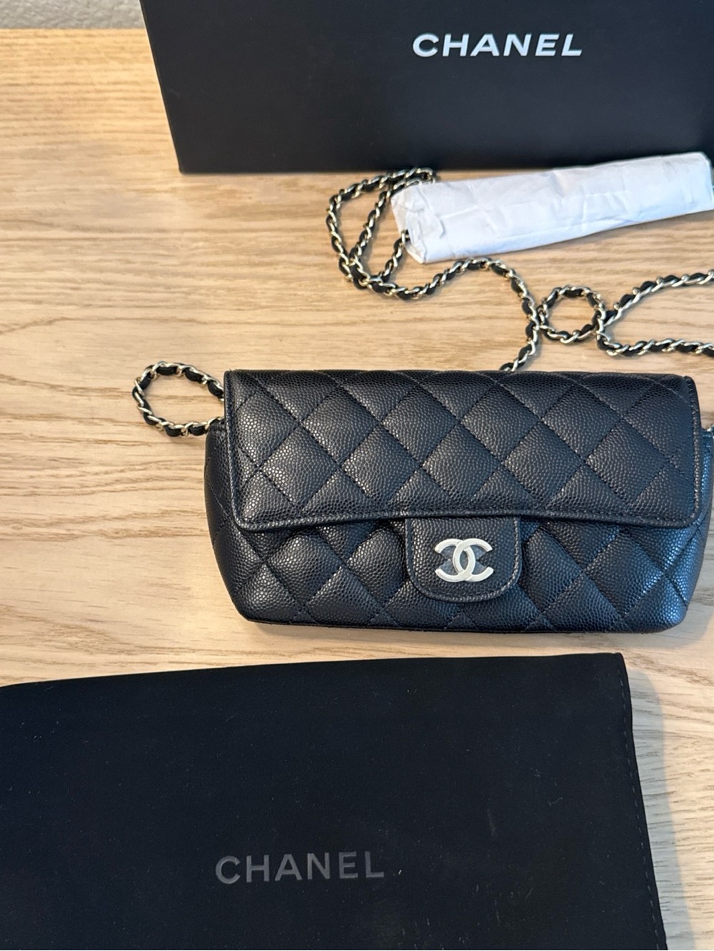 Chanel Quilted Caviar Leather Mini Flap Bag sunglasses case - Black Gold GHW